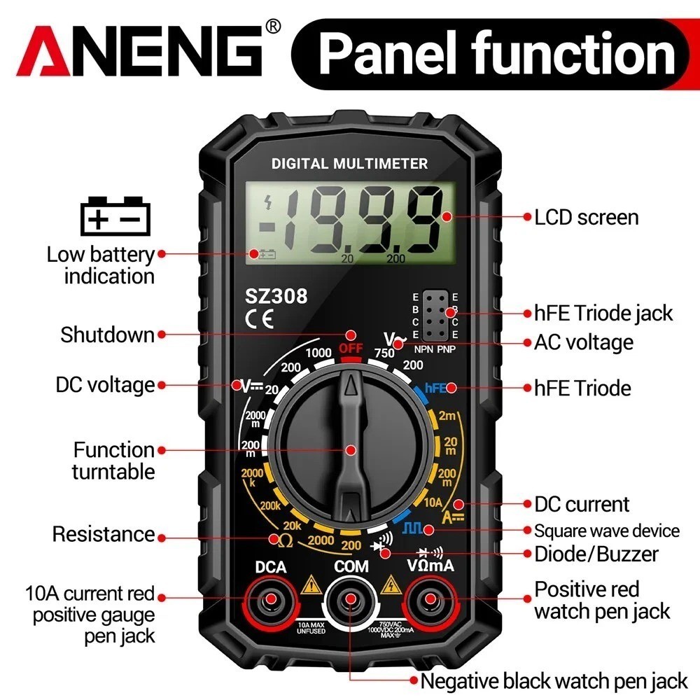 LCD Digital Multimeter Voltmeter Ammeter Ohmmeter Volt AC DC Tester Leads Meter