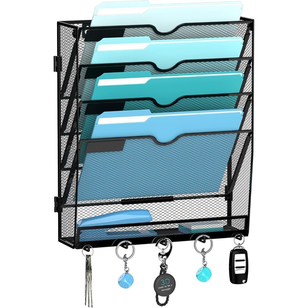 Wall Mounted Hanging File Organizer with 5 Tiers and 5 Hooks for Mail Papers