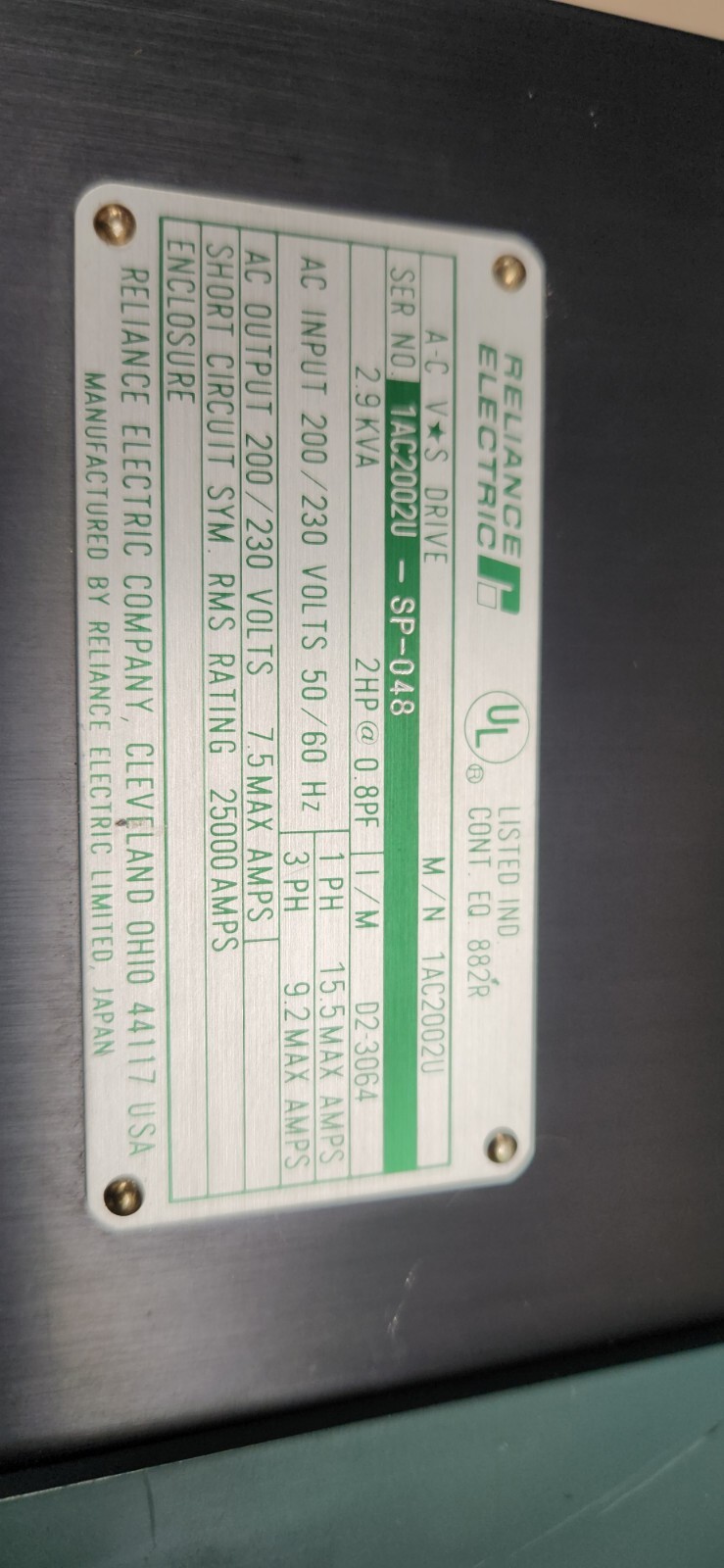 Reliance Electric 1AC2002U A-C V*S Drive 2HP 200/230V 1PH 15.5AMP/ 3PH 9.2AMP