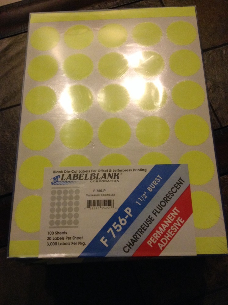 1 1/2″ chartreuse flourescent yellow circle burst labels, 3,000 total label, 100