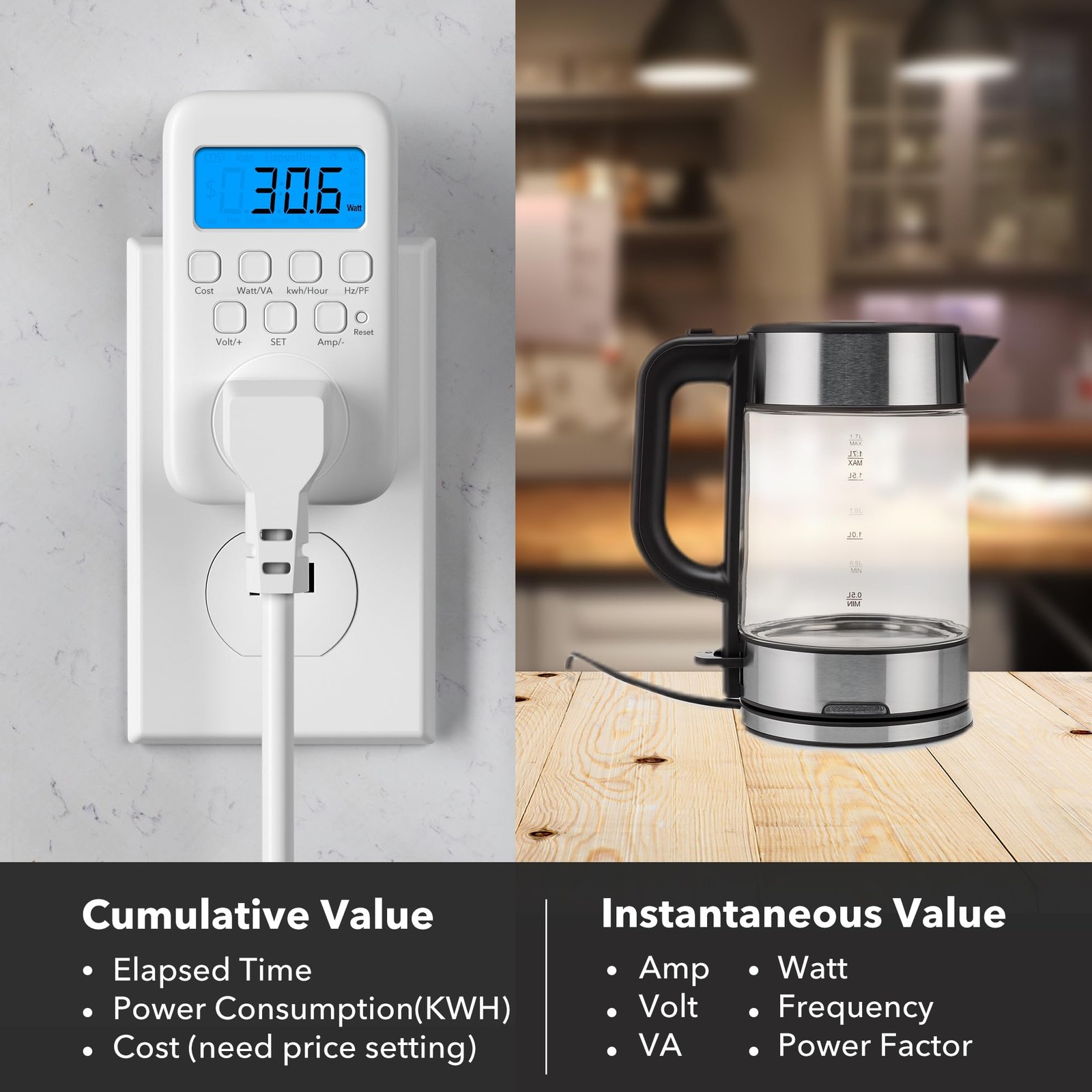 Plug In Watt Meter Power Energy Monitor Backlit LCD Voltage Amps kWh 9 Modes