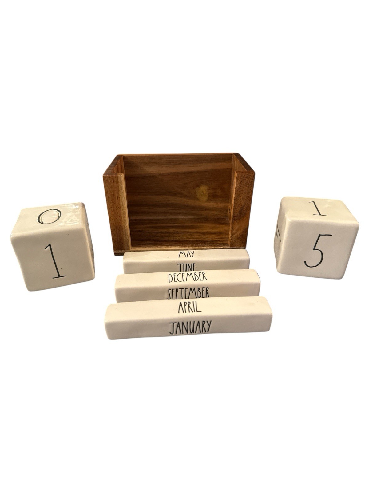 Rae Dunn white ceramic perpetual date blocks Calendar Wooden Base EUC