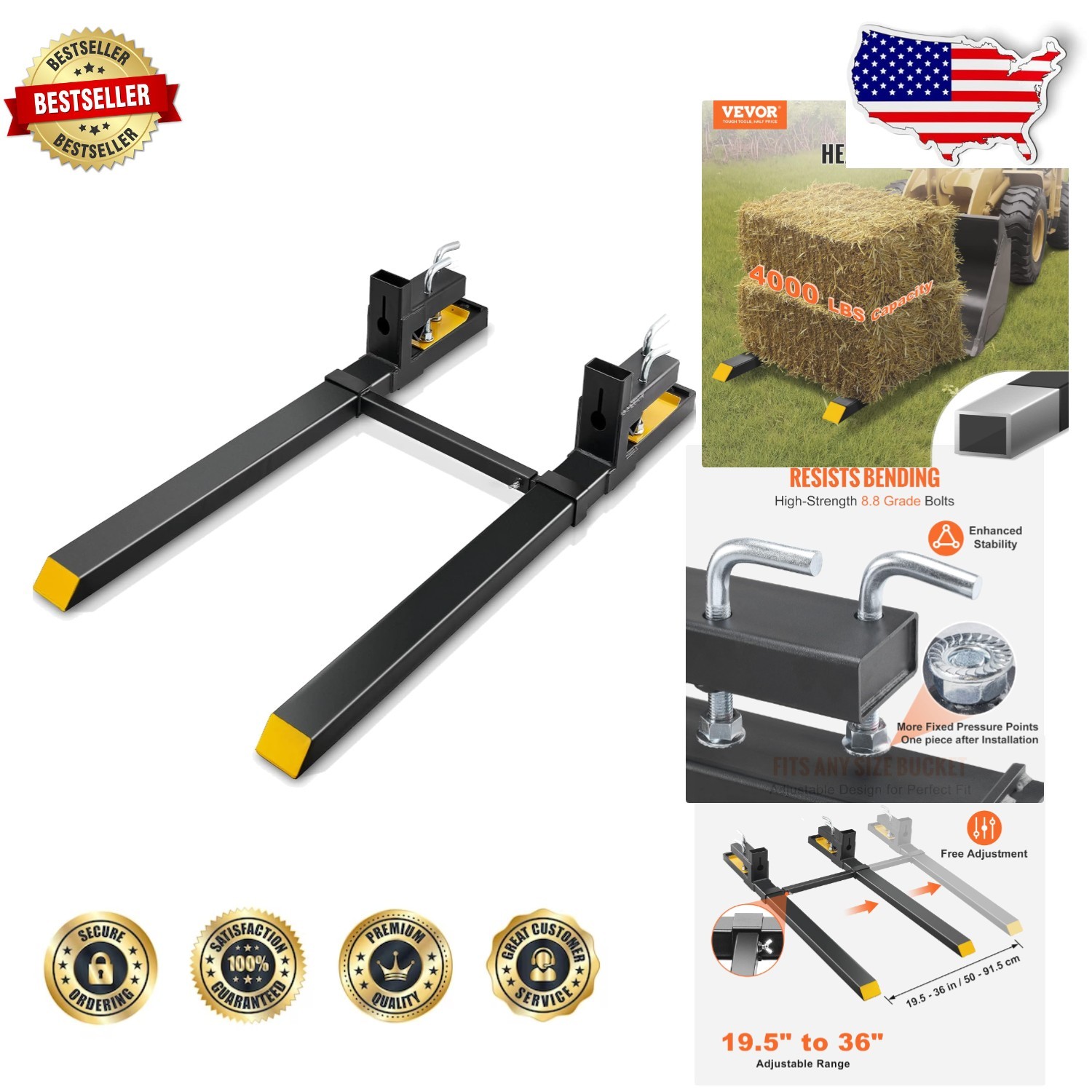 Heavy Duty Pallet Forks 60″ 4000lbs Clamp-On Loader Skid Steer Tractor