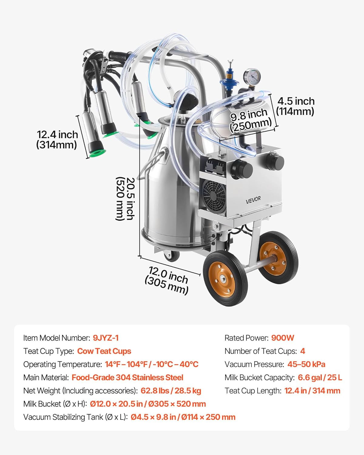 Electric Cow Milking Machine, 6.6 Gal / 25 L 304 Stainless Steel Bucket, Food-Gr
