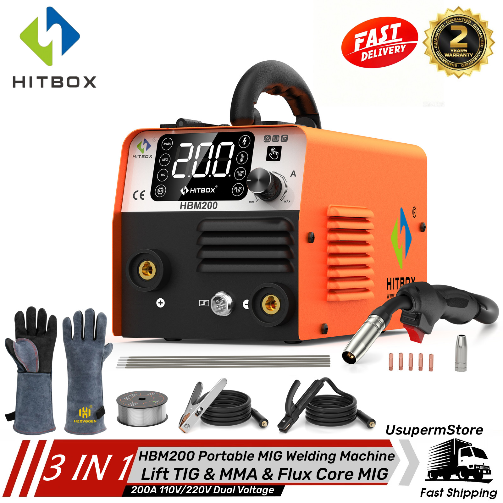 HITBOX Digital MIG Welder 110V/220V Gaeless MIG/MMA/Lift TIG Welder+ Gloves US