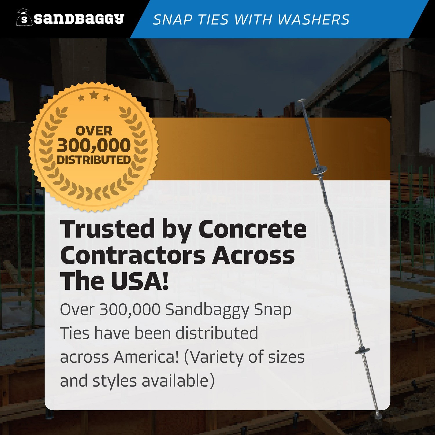 Sandbaggy 12″ x 4 ¾» Standard Snap Ties For Concrete Forms – 1″ Flat Washer