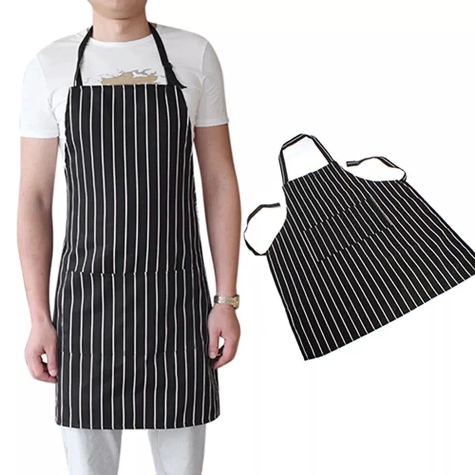 1Pc Adjustable Chef Apron with Two Pockets Striped Kitchen Bib for Men and Women