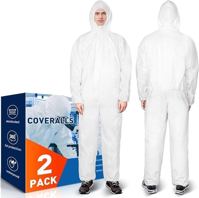 2 Pack Hazmat Suits Disposable Protective Coveralls, Heavy Duty Full Body Pai…