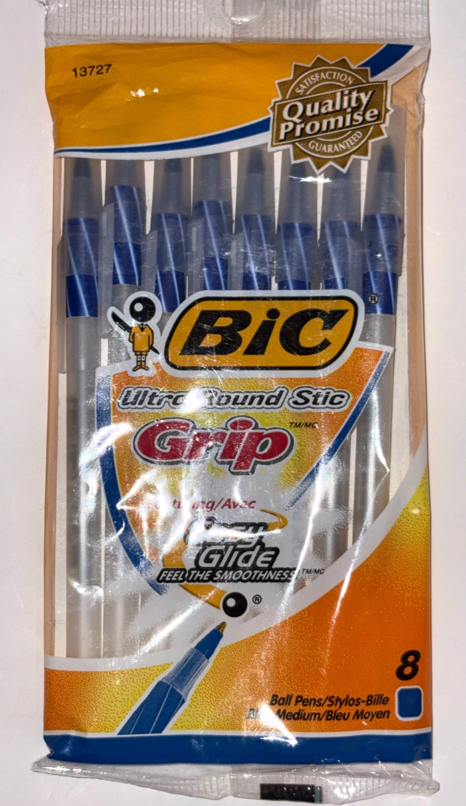 BIC Ultra Round Stic Grip Easy Glide Medium Blue 8 Pens Smooth Ball Point – NEW