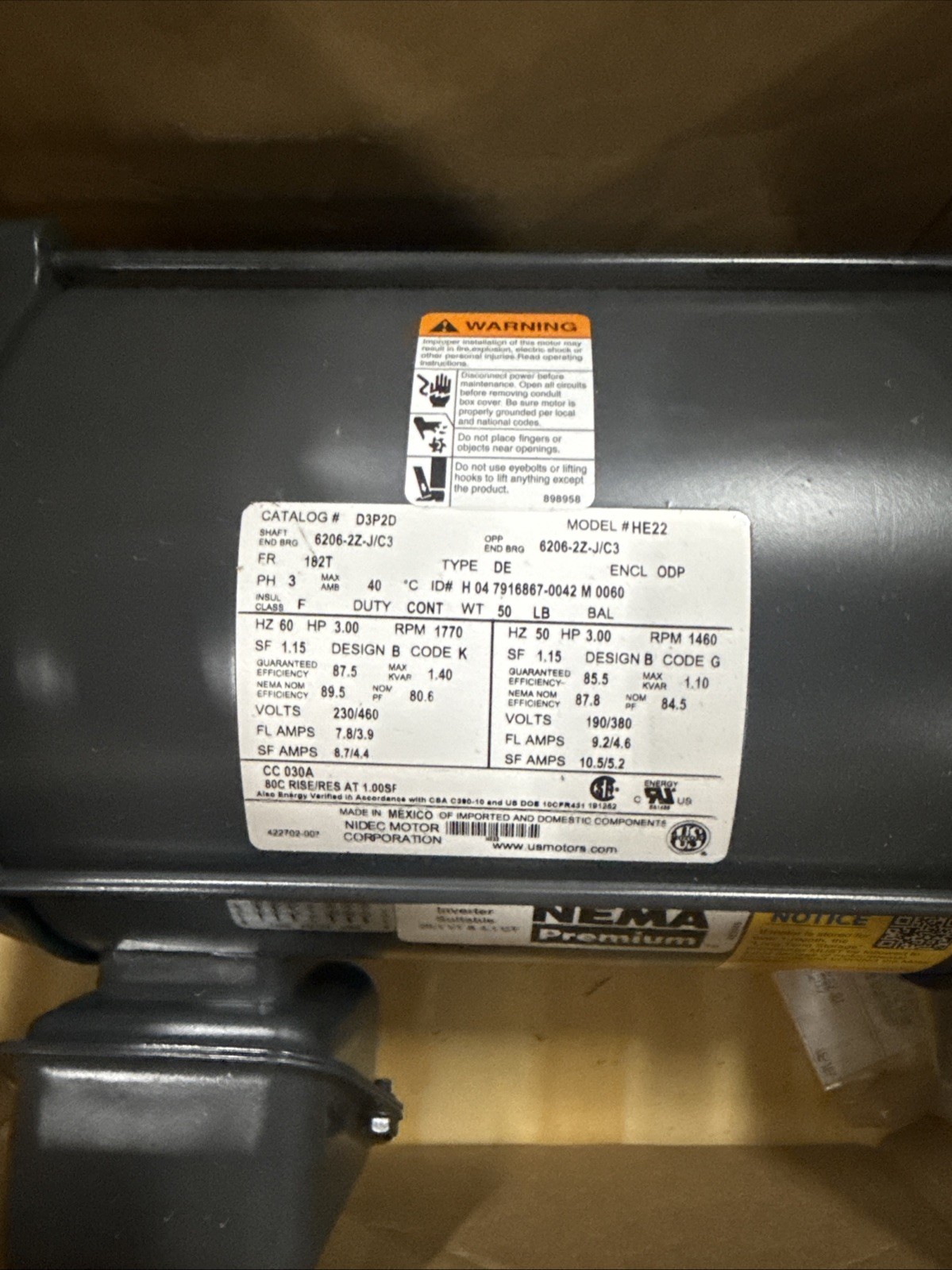 US Motors D3P2D General Purpose Motor, 3HP, 1800RPM, 208-230/460V, 182T Frame