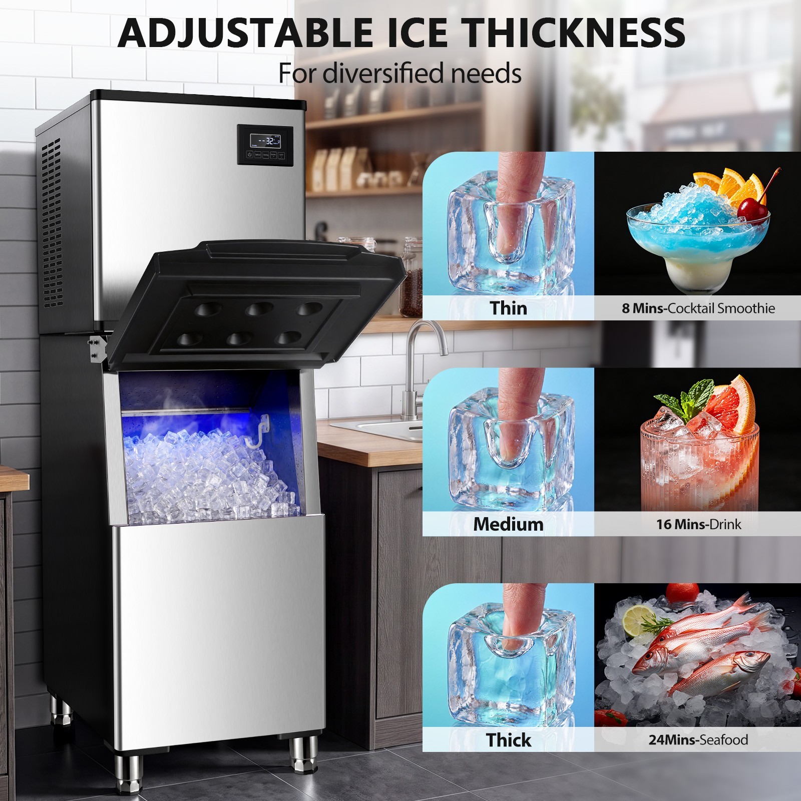 Zomagas Ice Maker 450lbs Daily 250lbs Storage Defrost Self Clean 156 Pcs Cycle