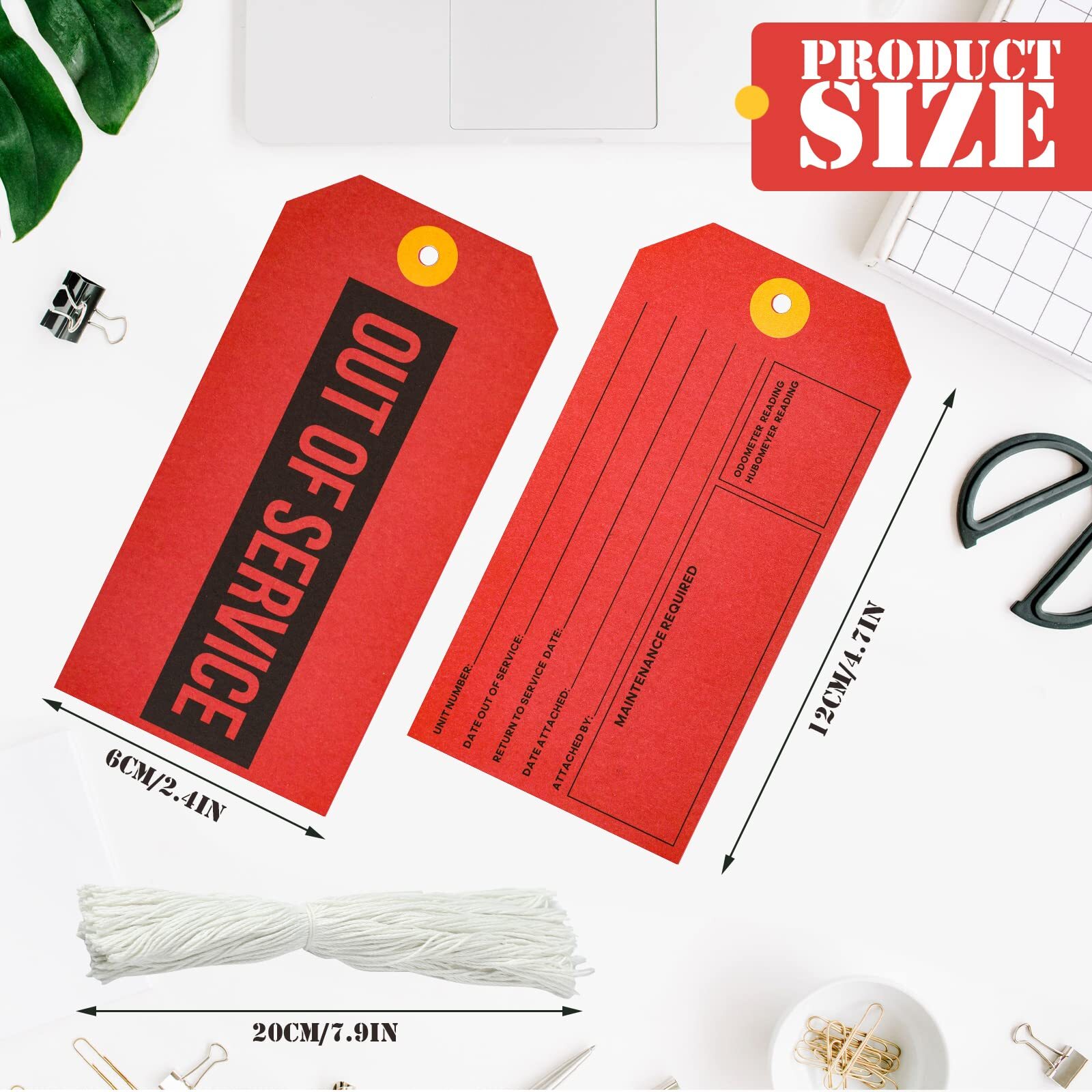 8 Inch Red Out of Service Maintenance Tags with Cotton String Tie (200 Pack)