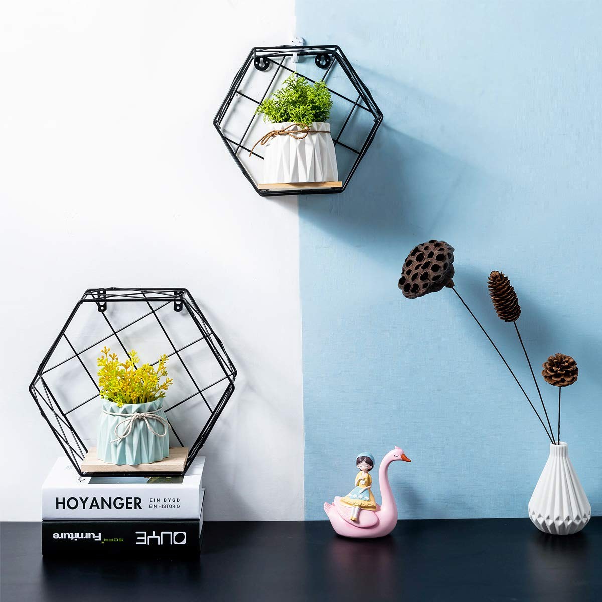 Infinite Node Floating Shelves Wall Mounted Metal Wire Art Lattice, Black