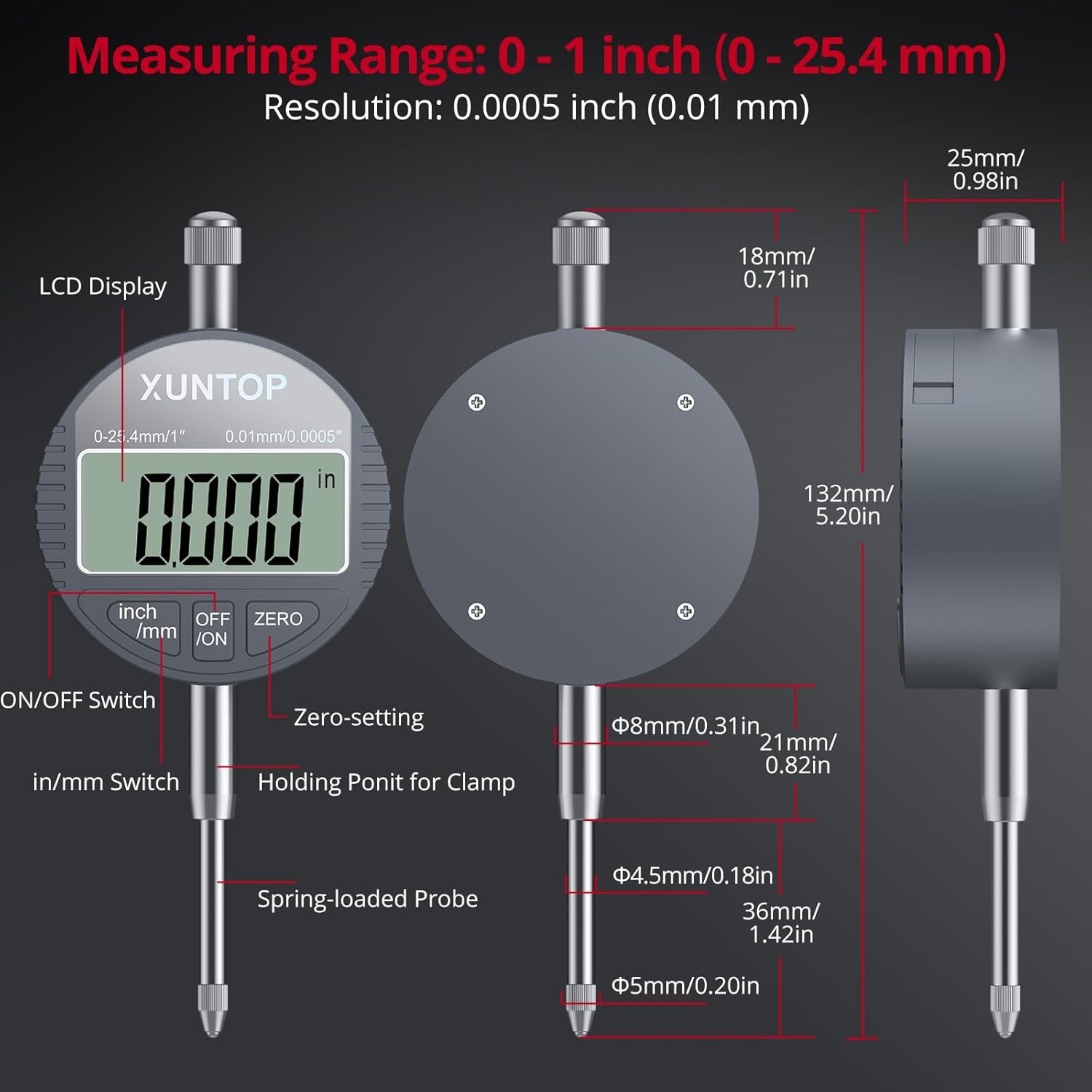 Digital Dial Indicator 1Inch/0.0005Inch LCD Display Electronic Dial Indicat