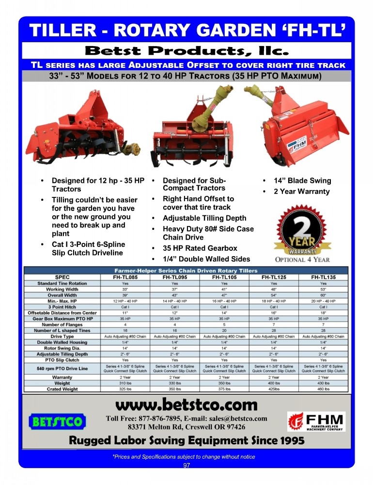 48″ Offsetable 3-point Rotary Tiller FH-TL125