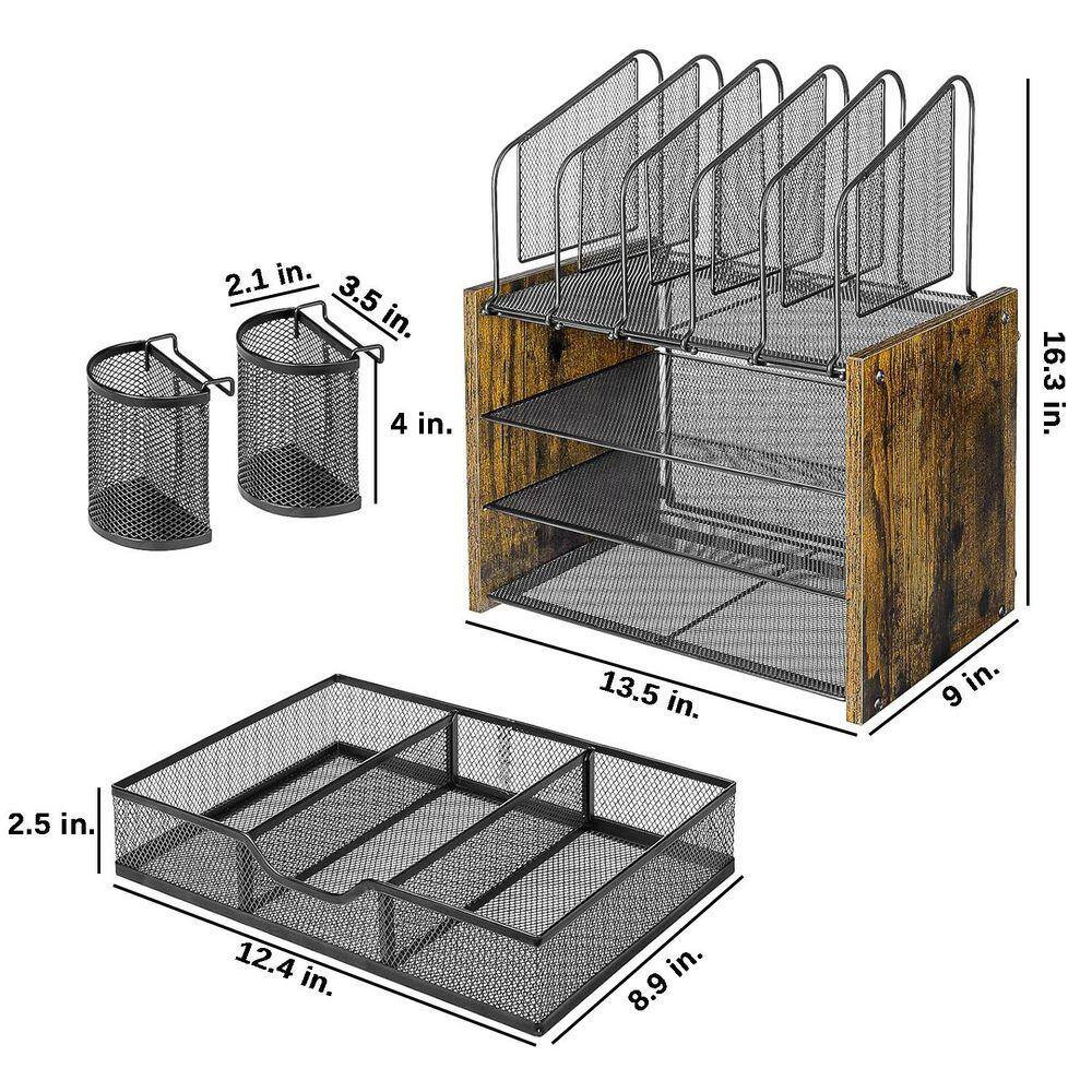 Brown 13.5 In. X 16.3 In. Metal Desk Organizers with 5 Vertical File Holders and
