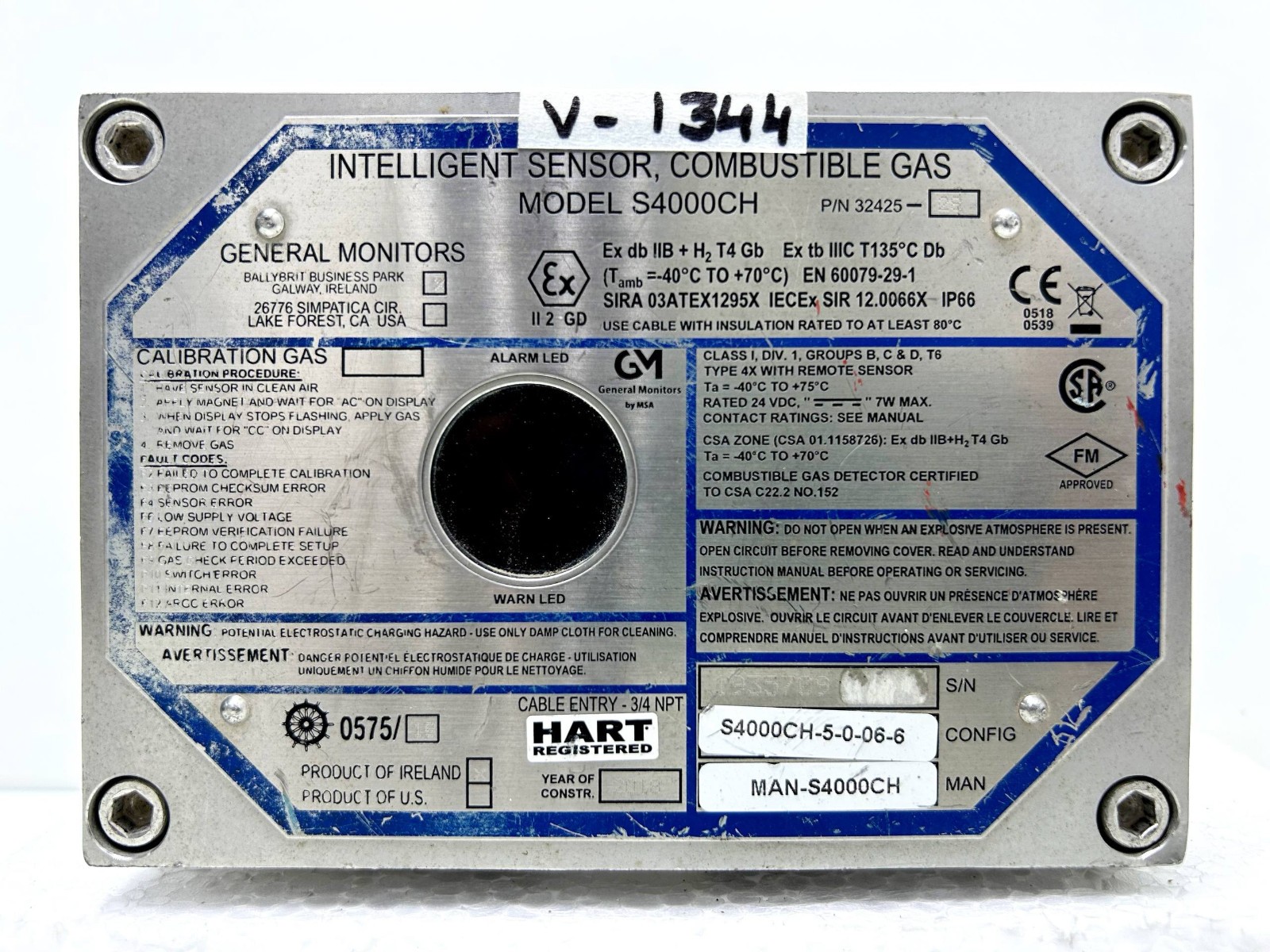 General Monitors S4000CH Combustible Gas Sensor 32425, V#1344 (TESTED)