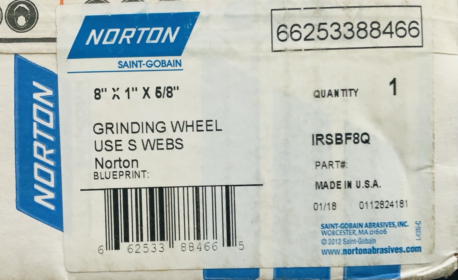 New In Box Norton Abrasives 8″ x 1″ x 5/8″ Grinding Wheel IRSBF8Q; Free Shipping