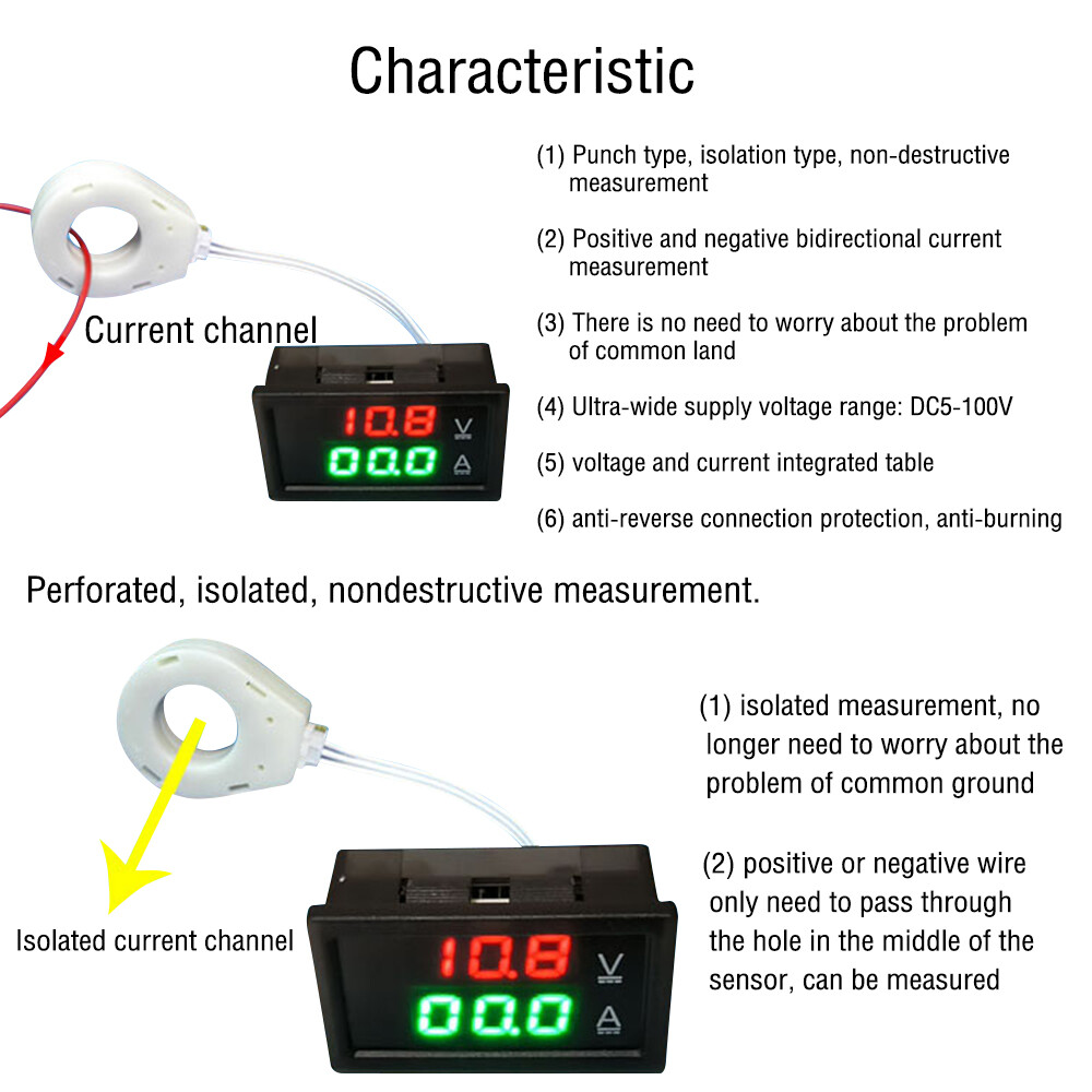 100A 0.1A Hall Current Voltmeter Dual Digital Display DC 5V-100V DC 0-300V ± NEW