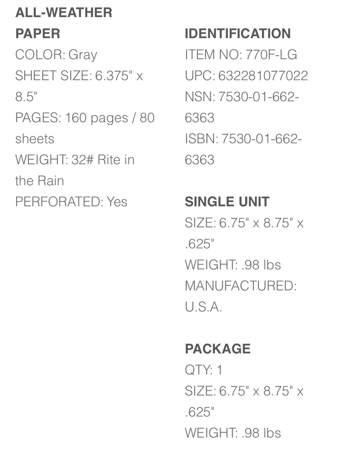 Rite in the Rain All-Weather Hard Cover Notebook, 6 3/4″ x 8 3/4″ (770F-LG)