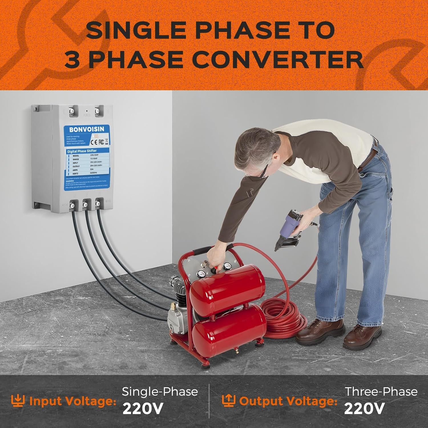 Bonvoisin 10HP 7.5kW Single Phase to 3 Phase Converter 30A 220V-240V Digital