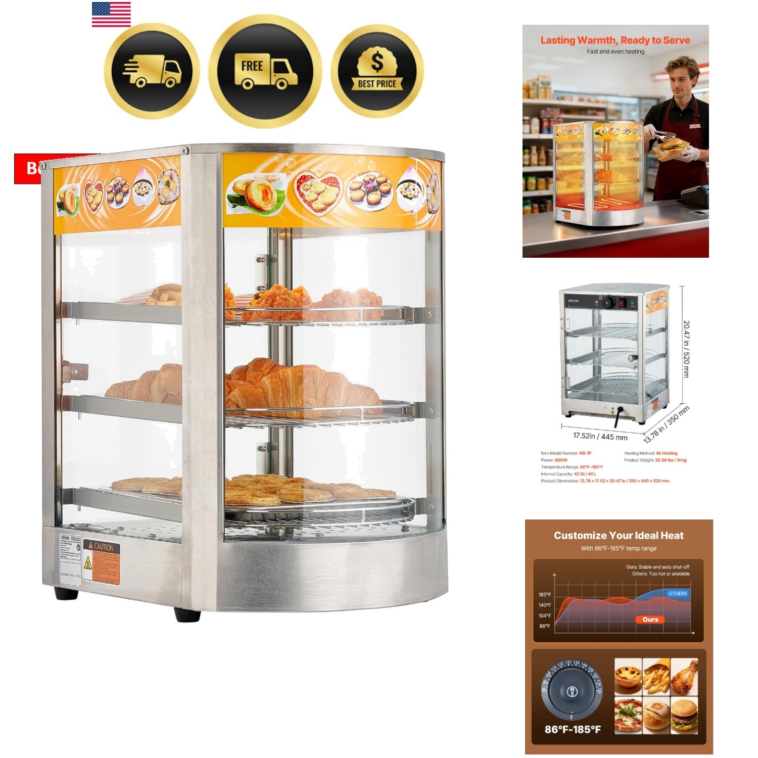 3-Tier Commercial Food Warmer Display, 800W Food Display Warmer with LED Ligh…