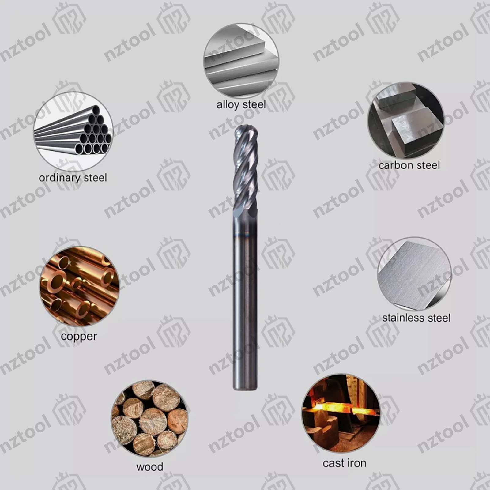 5 PCS 4 Flute 3/16″ x 2″ Overall Length Ball Nose Carbide End Mill AlTiN Coated