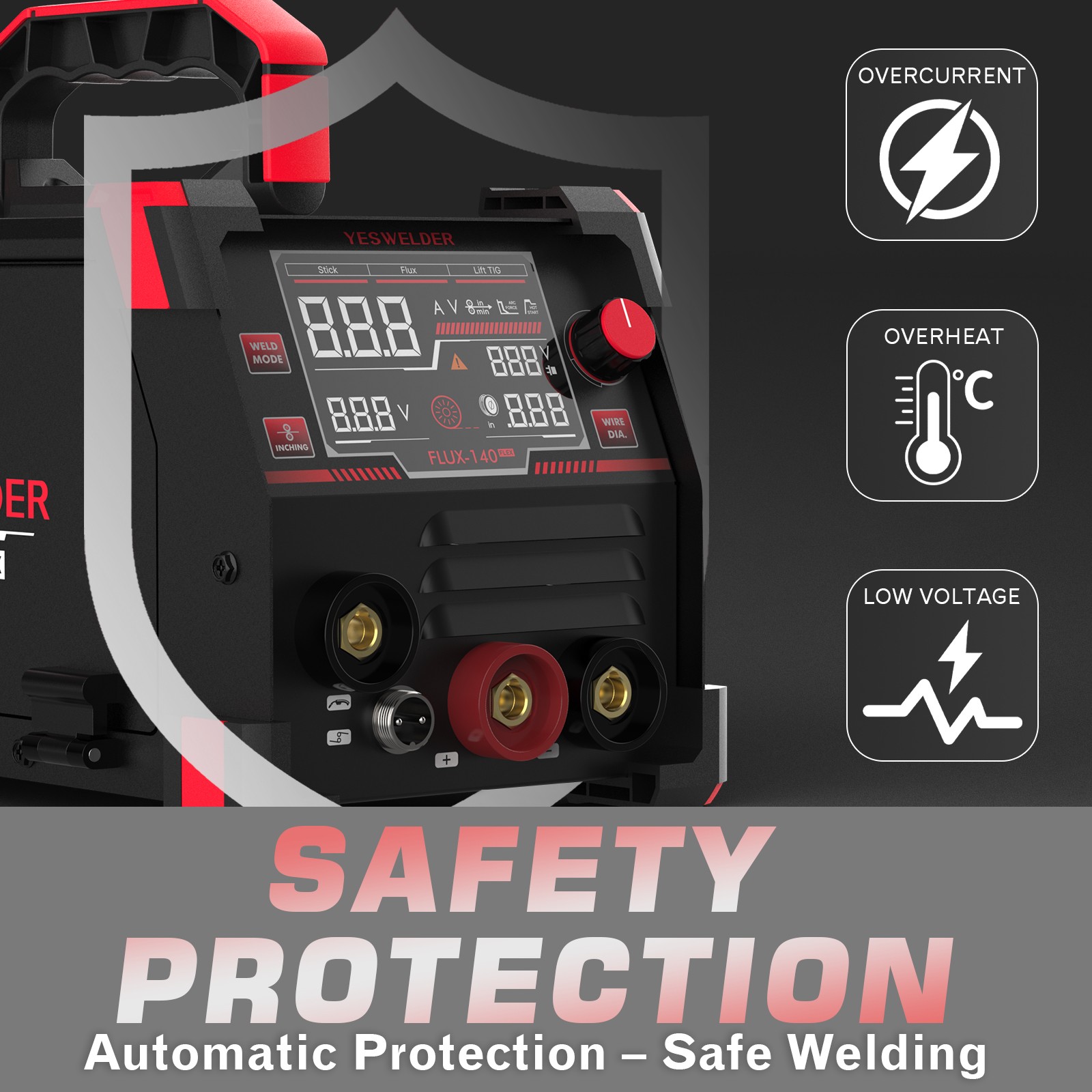 140A 110V Flux Core Gasless MIG/Lift TIG/Stick 3-in-1 Digital Display Welder