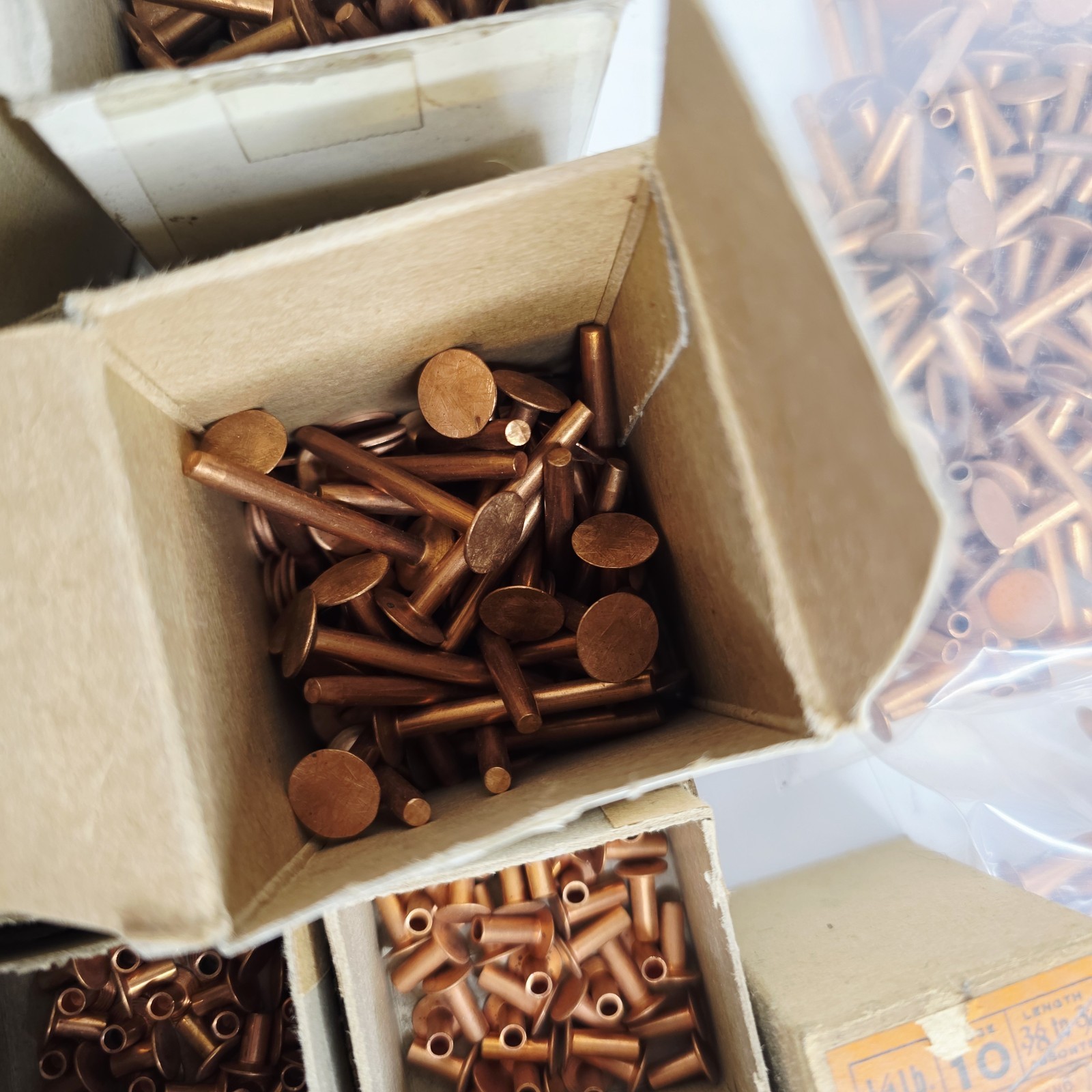 8 Pounds Vintage Copper Steel Belt Fasteners Tubular Rivets Burrs Boxes Lot Bulk