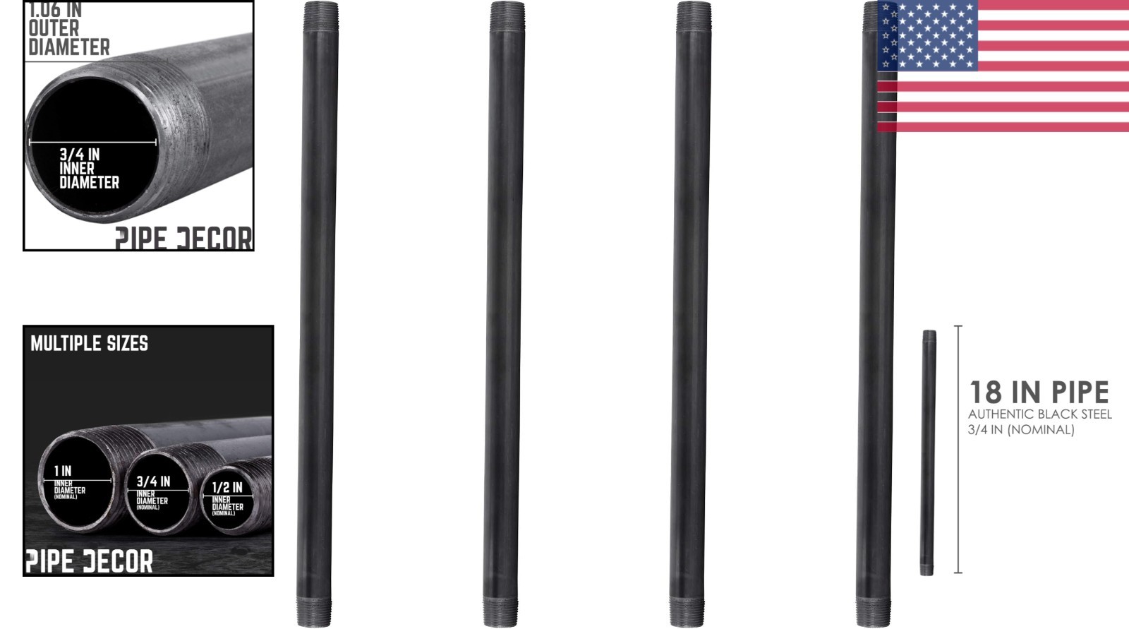 3/4″ x 16″ Malleable Iron Pipe 4 Pack for DIY Industrial Furniture Projects