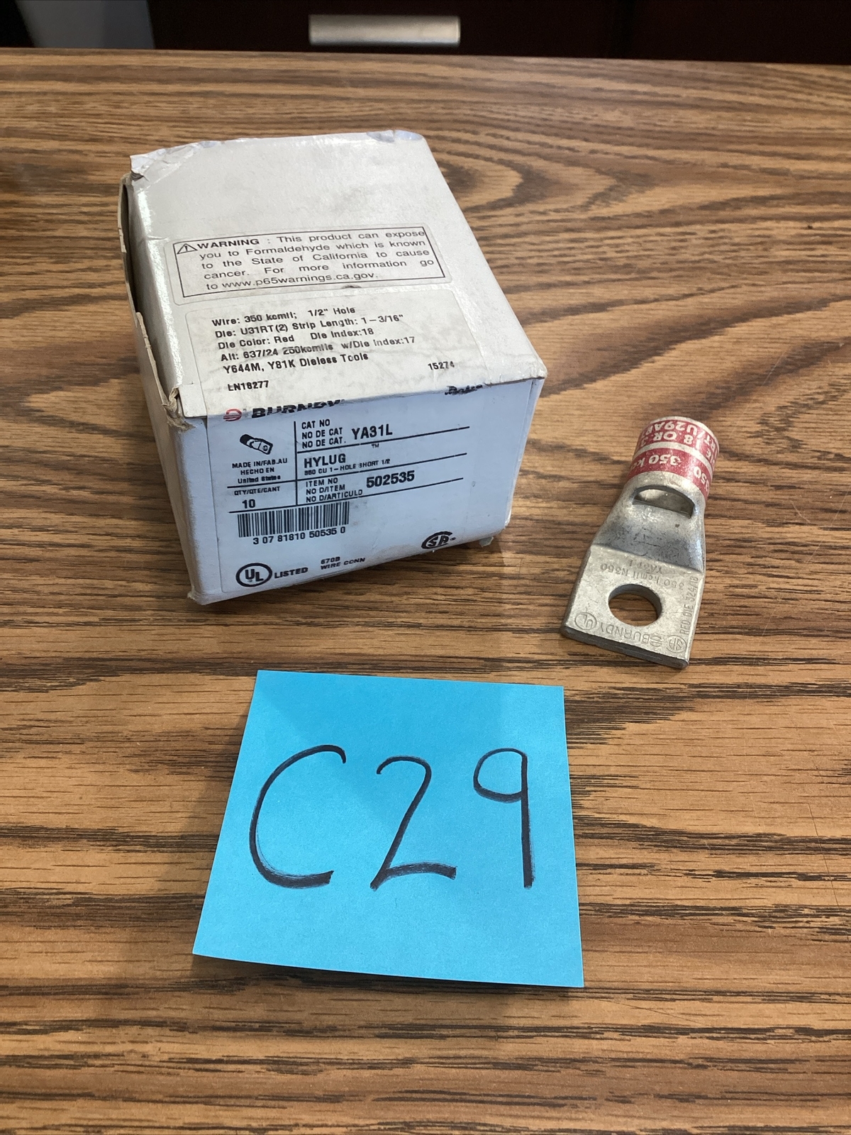 Box Of 10 BURNDY YA31L COPPER CRIMP LUG 350 MCM 1 HOLE 1/2″ SHORT BARREL RED DIE