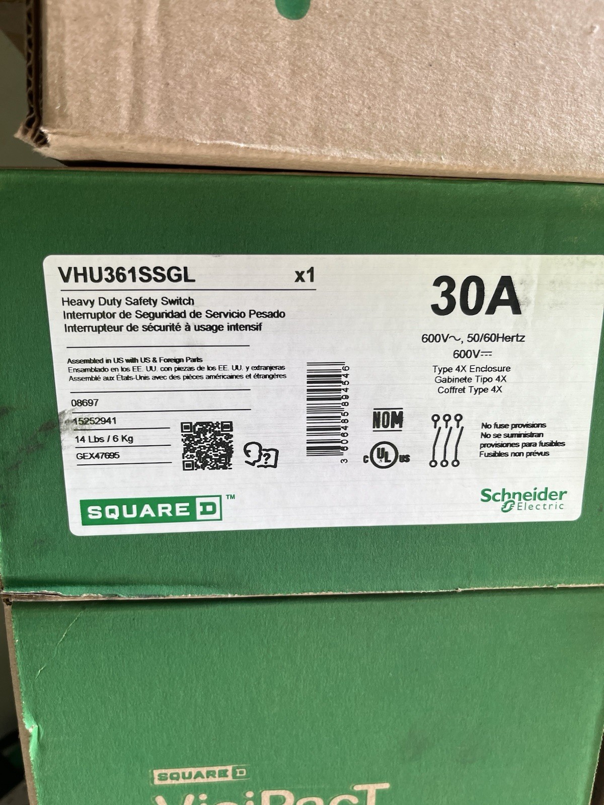 SQUARE D VHU361SSGL SAFETY SWITCH 30 AMP NEMA 4X Stainless Steel non fused 600v