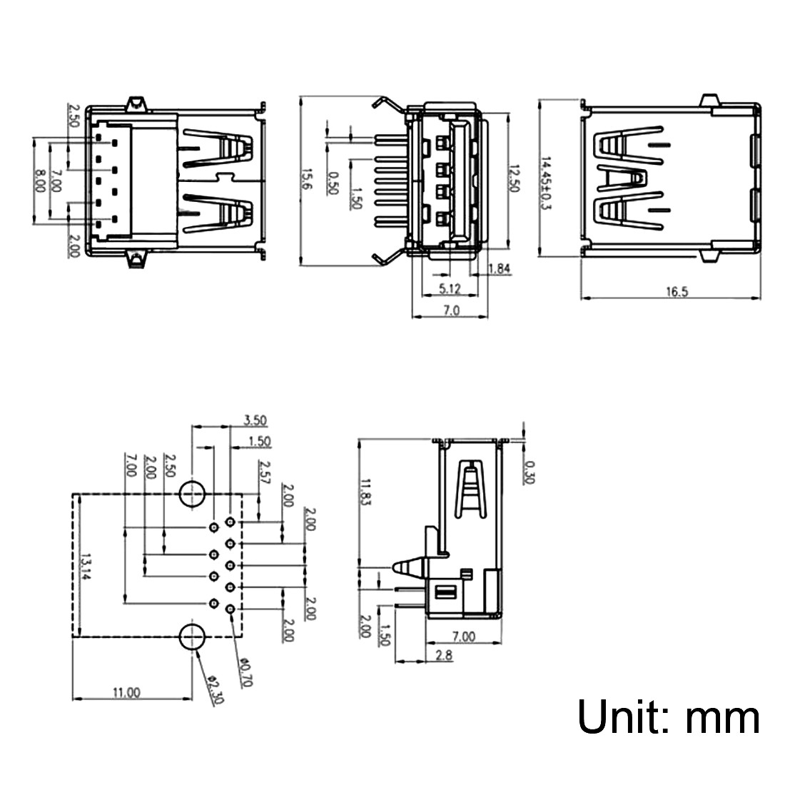 5 x PCB USB Connector Type-A 3.0 Female Jack 9 Pin Bend Foot 90 Degree