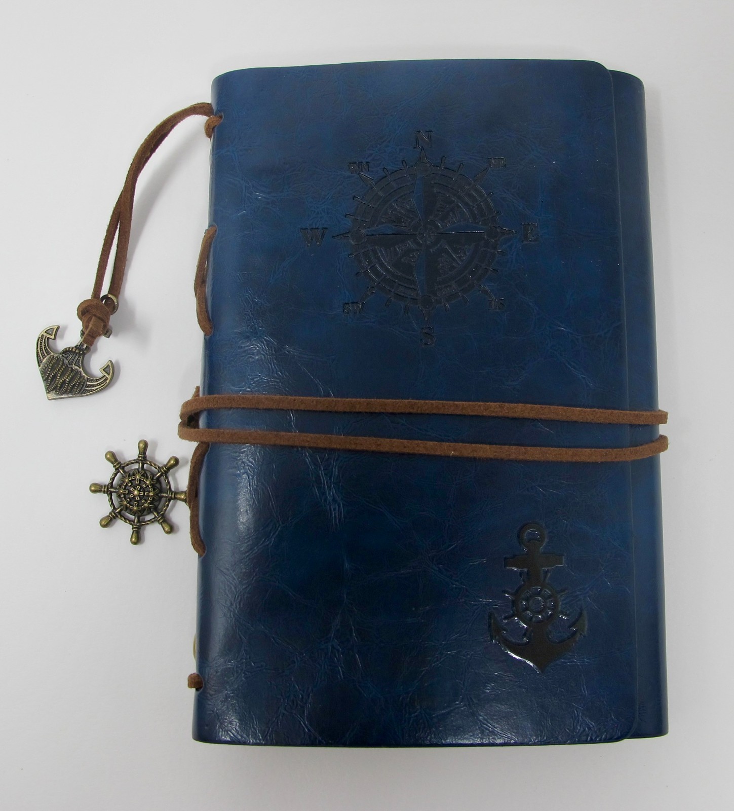 Blank Travel Journal With Dark Blue Leather Covers & Ship Charms