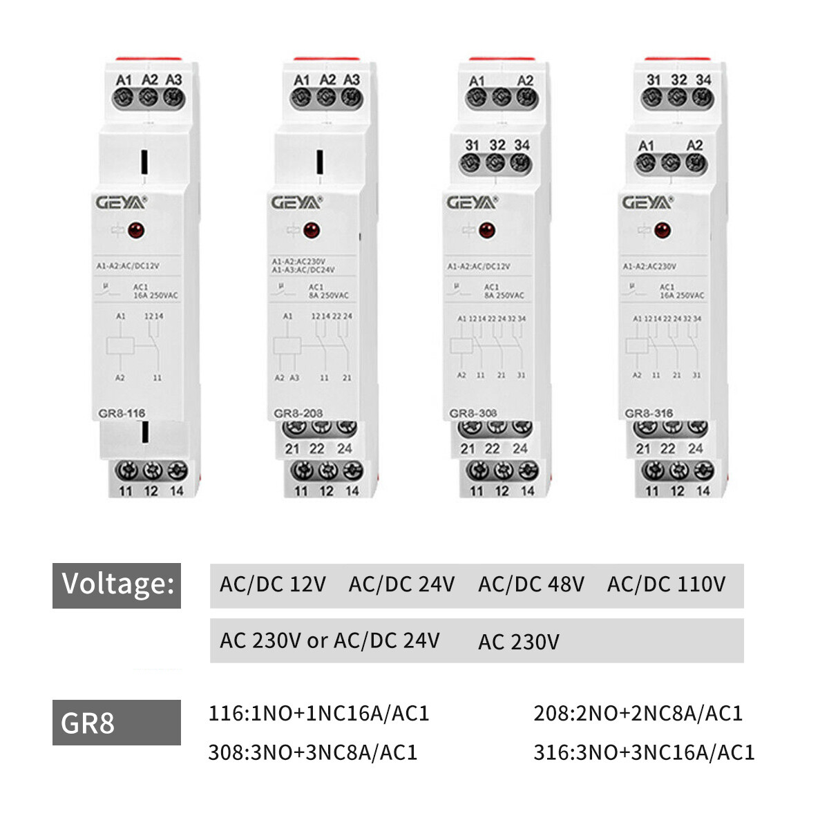 GEYA Auxiliary Relay AC/DC12/24/48/110V AC230V 8/16A Intermediate Module Relay