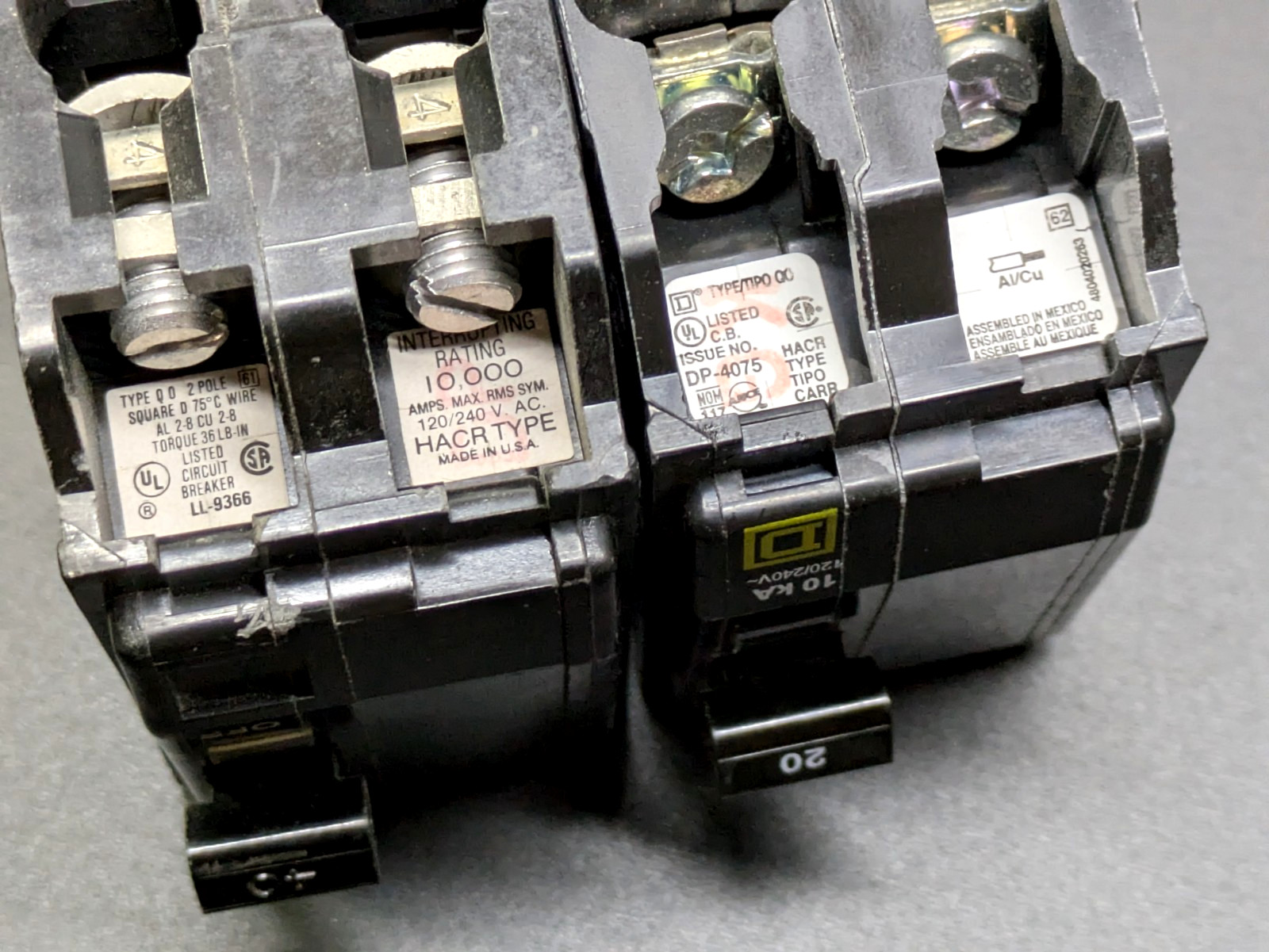Mixed Lot of 4 SQUARE D QO220 QO240 QO260 Circuit Breakers – DPST 20A 40A 60A