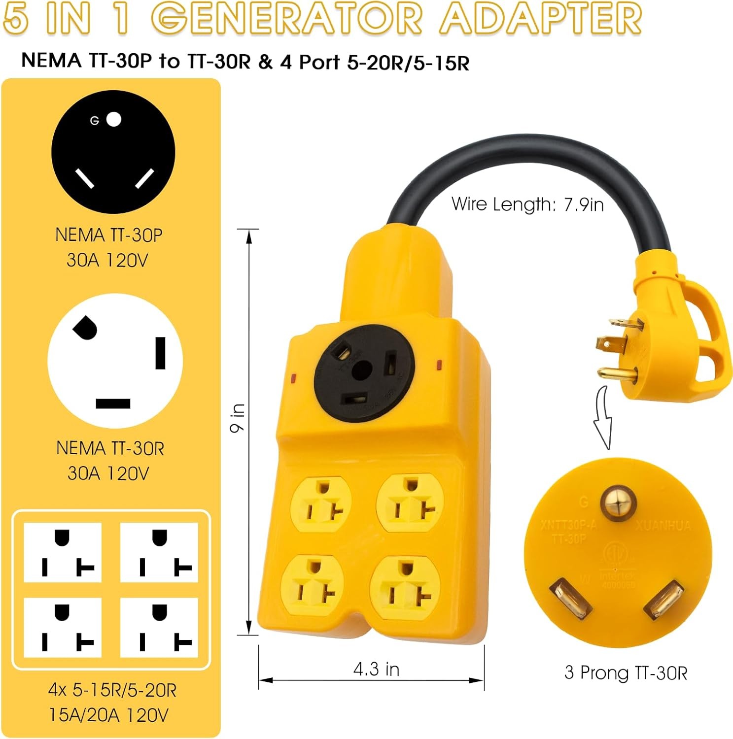30 Amp to 20 Amp Adapter, RV 30 Amp to 110 Adapter NEMA TT-30P to TT-30R and 4X