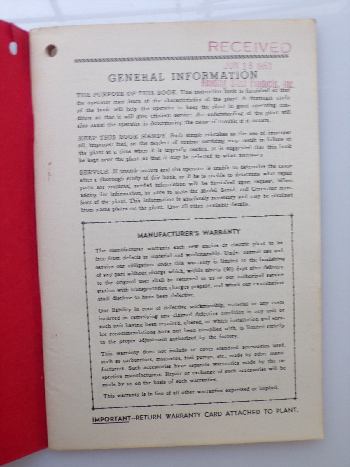Onan Instruction Manual CK Series Industrial Engines 1953
