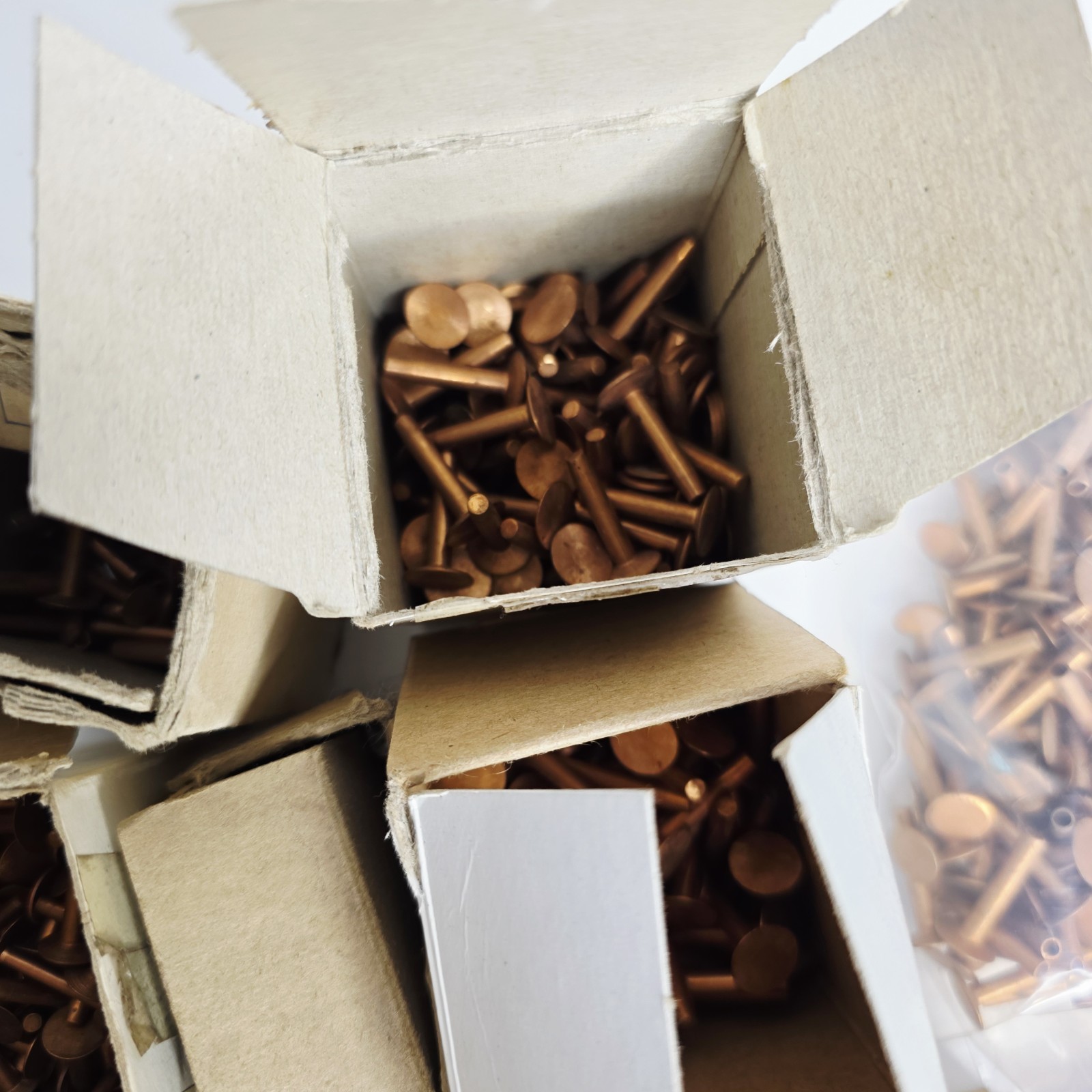 8 Pounds Vintage Copper Steel Belt Fasteners Tubular Rivets Burrs Boxes Lot Bulk