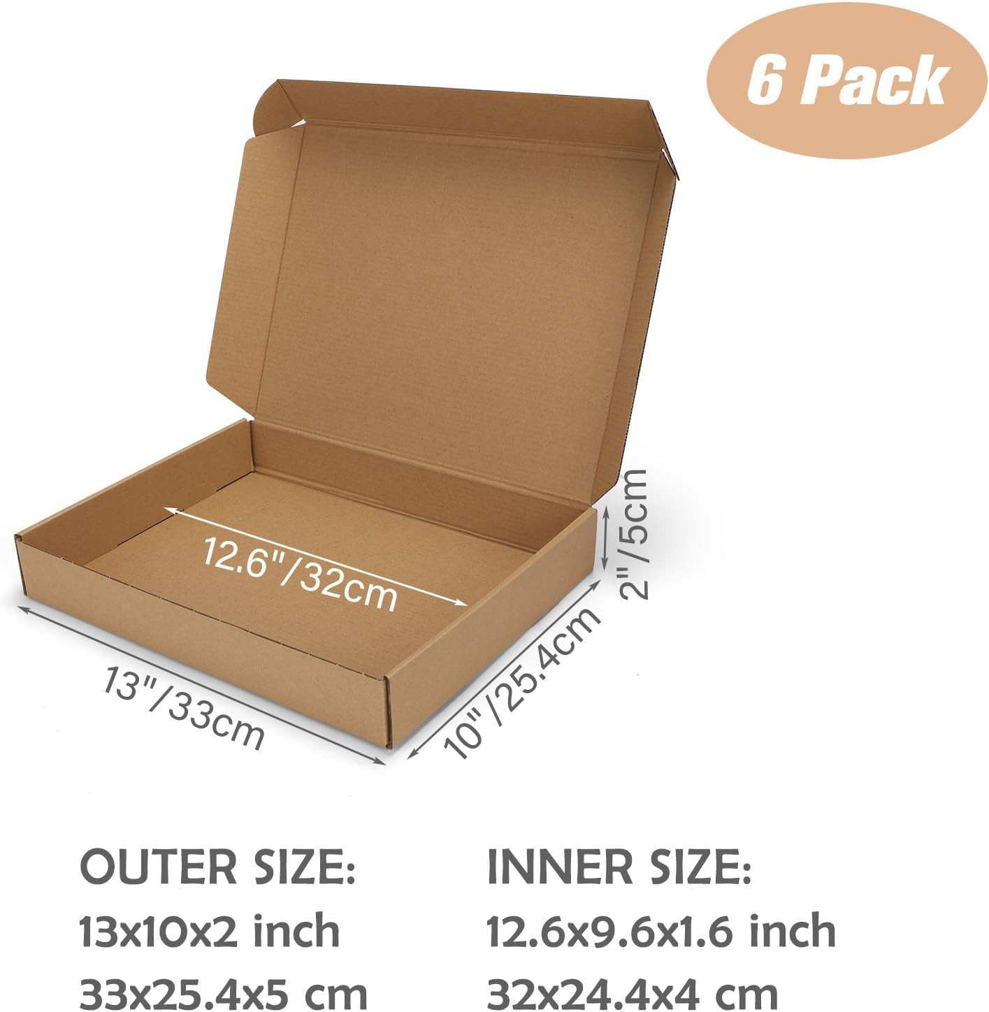 Set of 6 Brown Cardboard Shipping Boxes, 13x10x2 Inch, Easy Fold & Lock