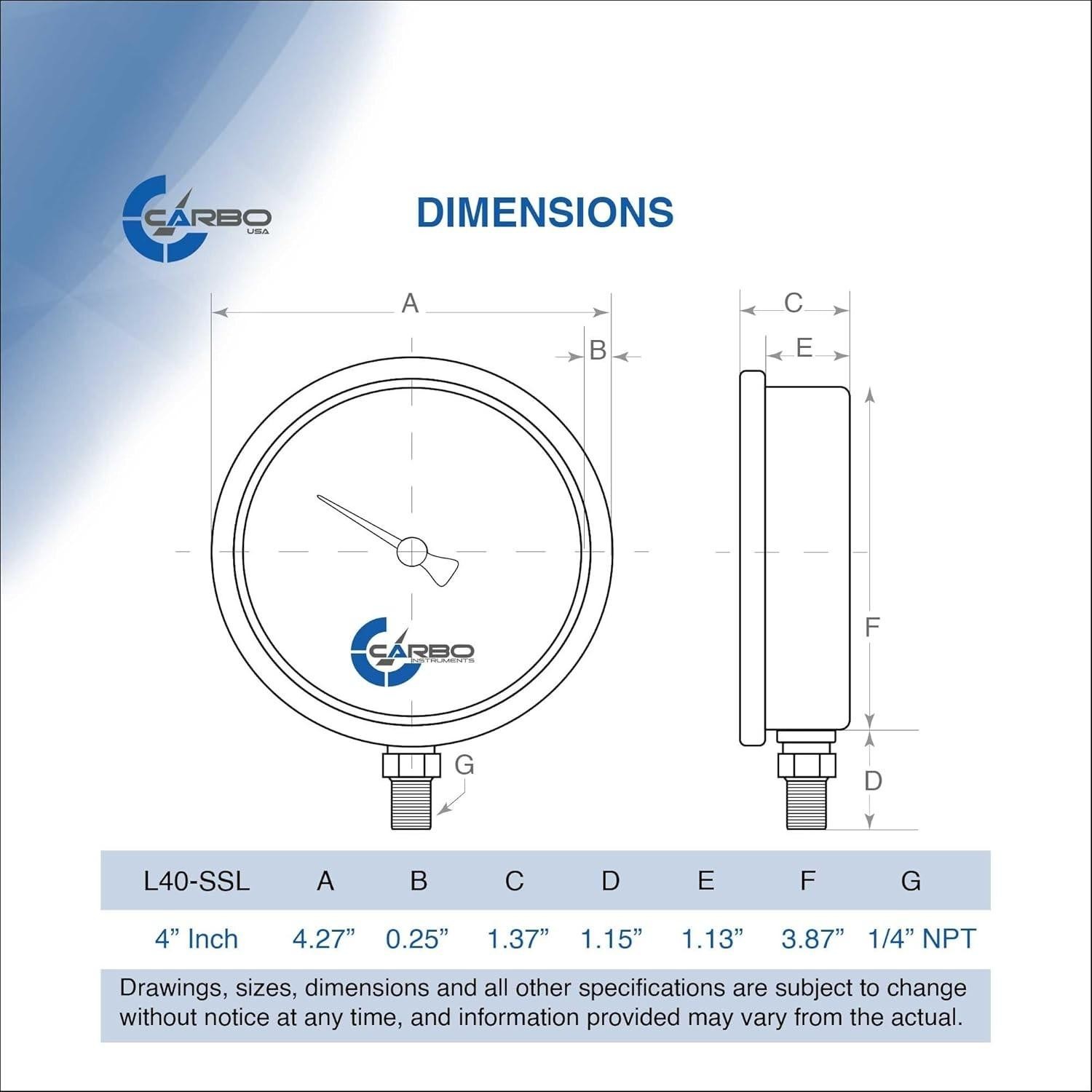 Carbo Instruments 4” Pressure Gauge Liquid Filled, -30 HG/0 – New – Free Ship!