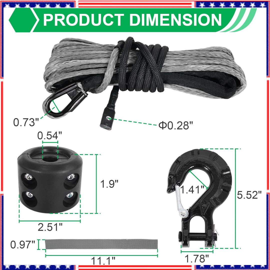 Synthetic Winch Rope Kit 3/16 Inch x 50 Feet 6000 lbs Winch Cable Line