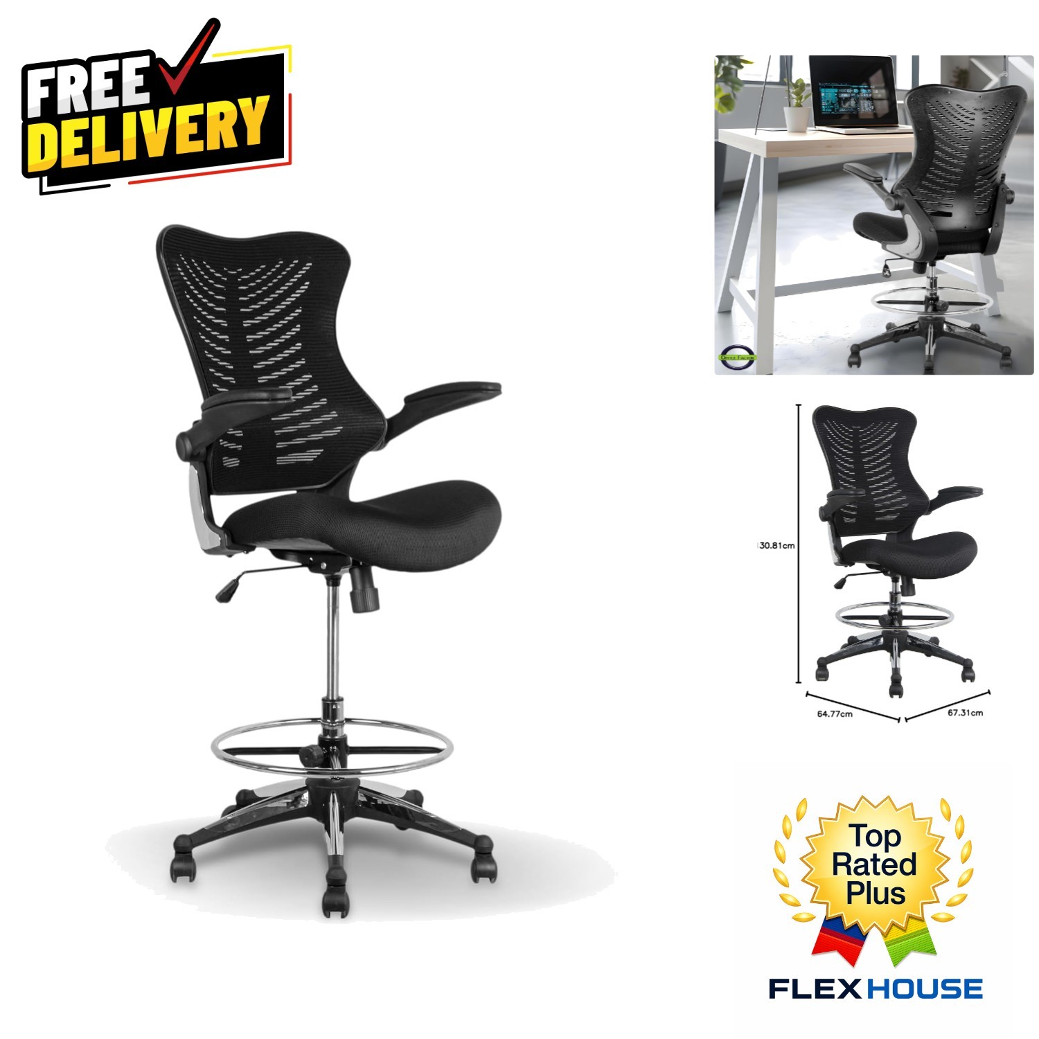 300 Lbs Support Ergonomic Drafting Chair – Adjustable Foot Ring & Cool Mesh Back