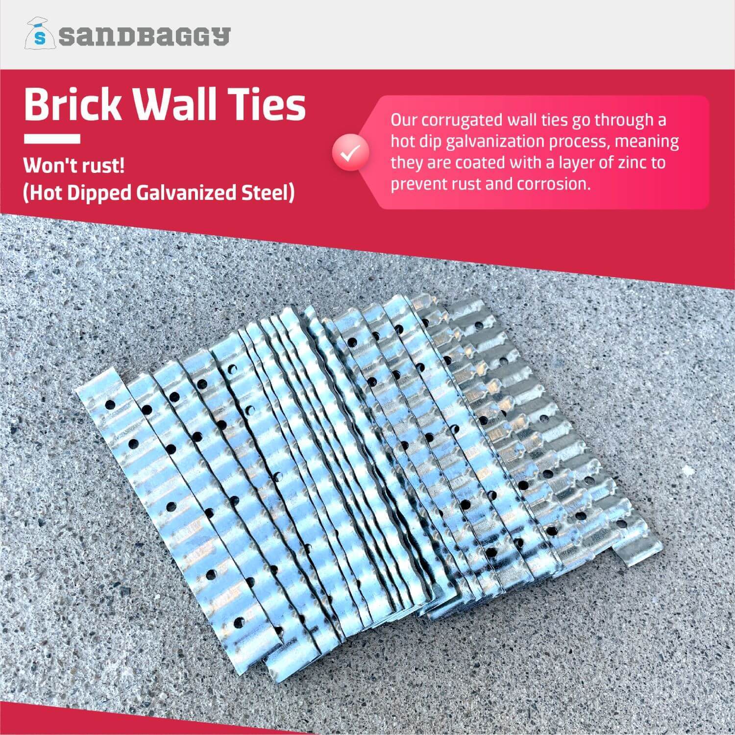 Sandbaggy Corrugated Brick Wall Tie – 22 Gauge Steel (7/8″ x 6-9/16″)