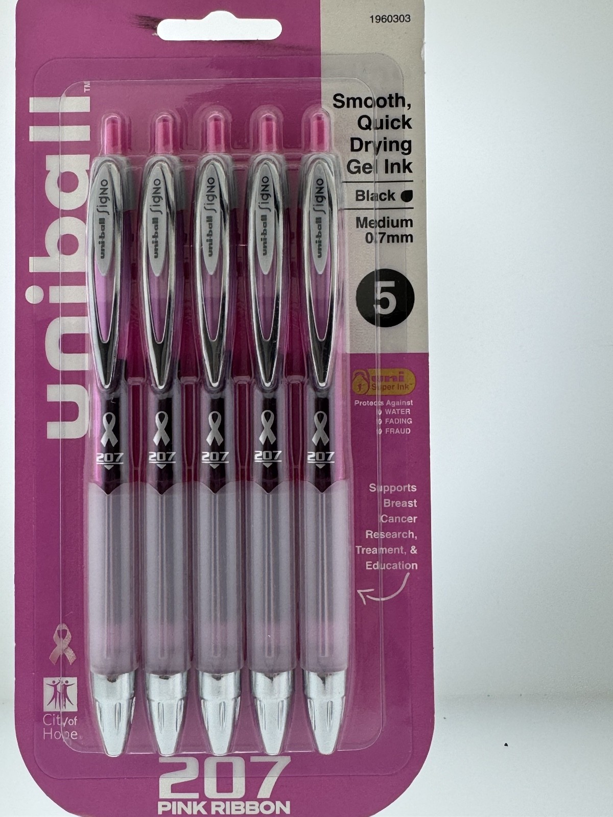5 uni-ball 207 Signo Gel Pens 0.7 Black Medium PINK Ribbon CANCER CITY OF HOPE