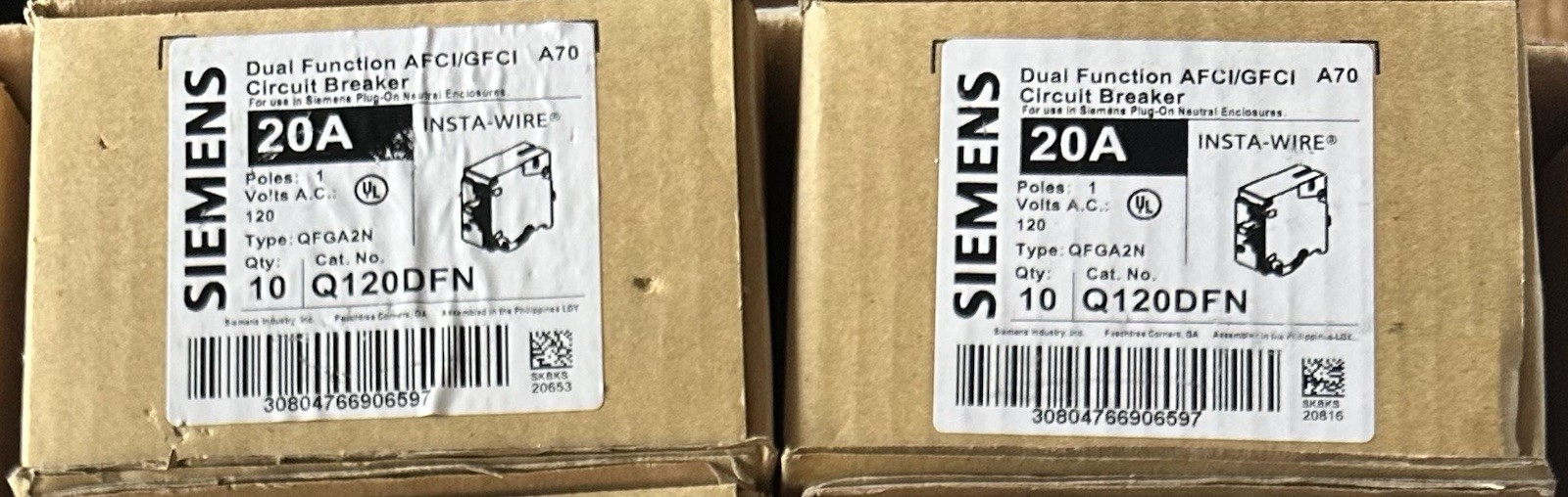 Siemens Q120DFN 20A 120V 1-Pole Dual Function AFCI/GFCI Breaker