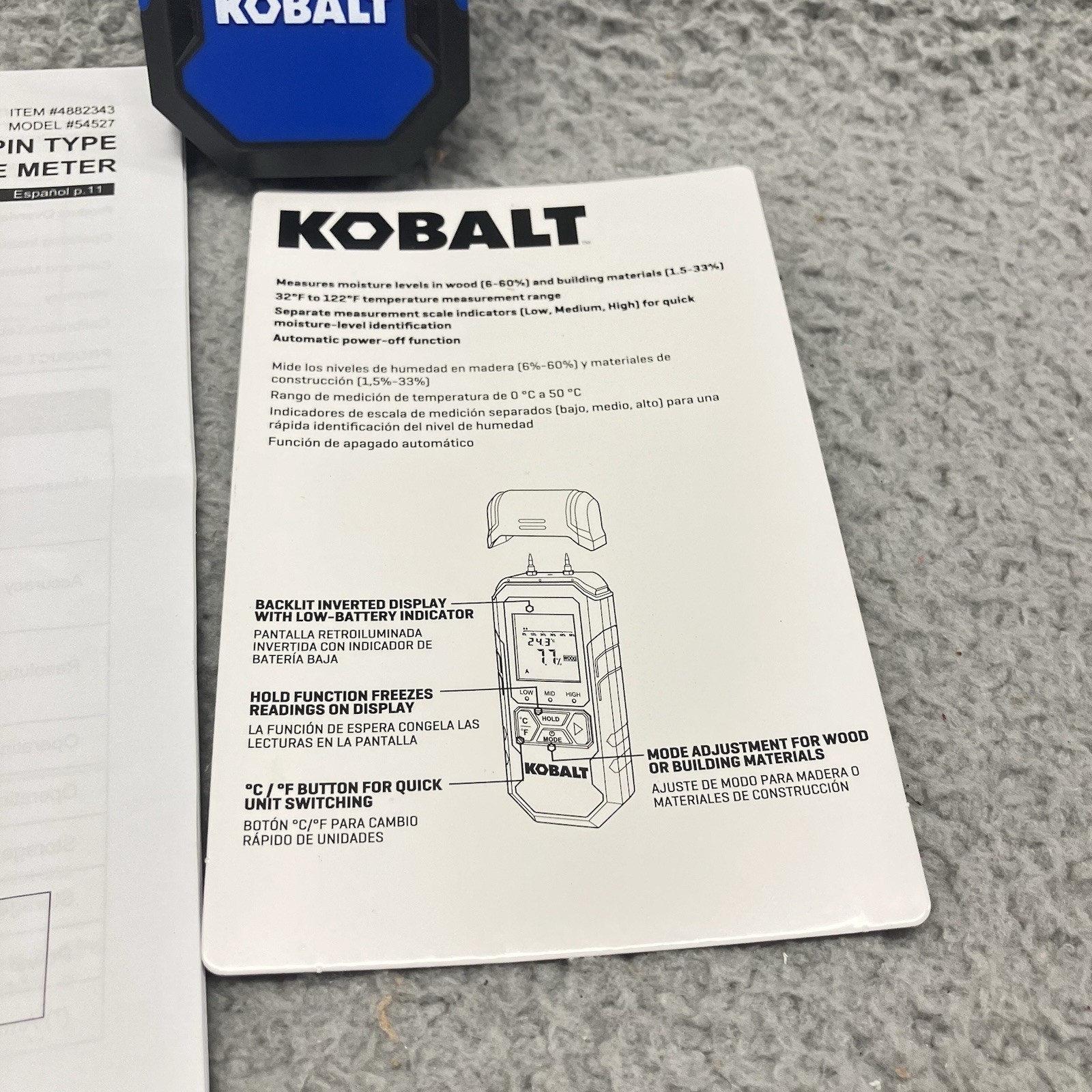 Kobalt Pin Type Digital Moisture Meter Moisture & Temperature Indicator Display
