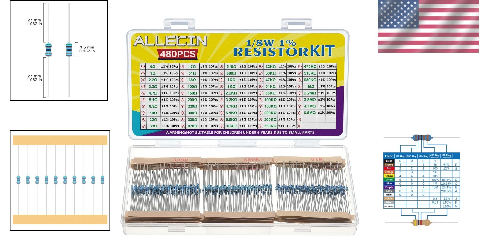 1/8 Watt Resistor Assortment Kit – 48 Values from 1 Ohm to 6.8M Ohm for Projects