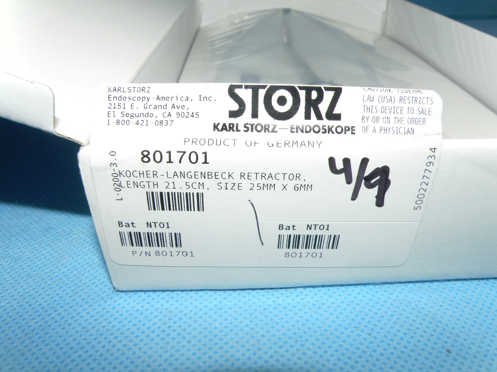 Storz 801701 Kocher-Langenbeck retractor, 25mm x 6mm, 21.5cm long, NEW