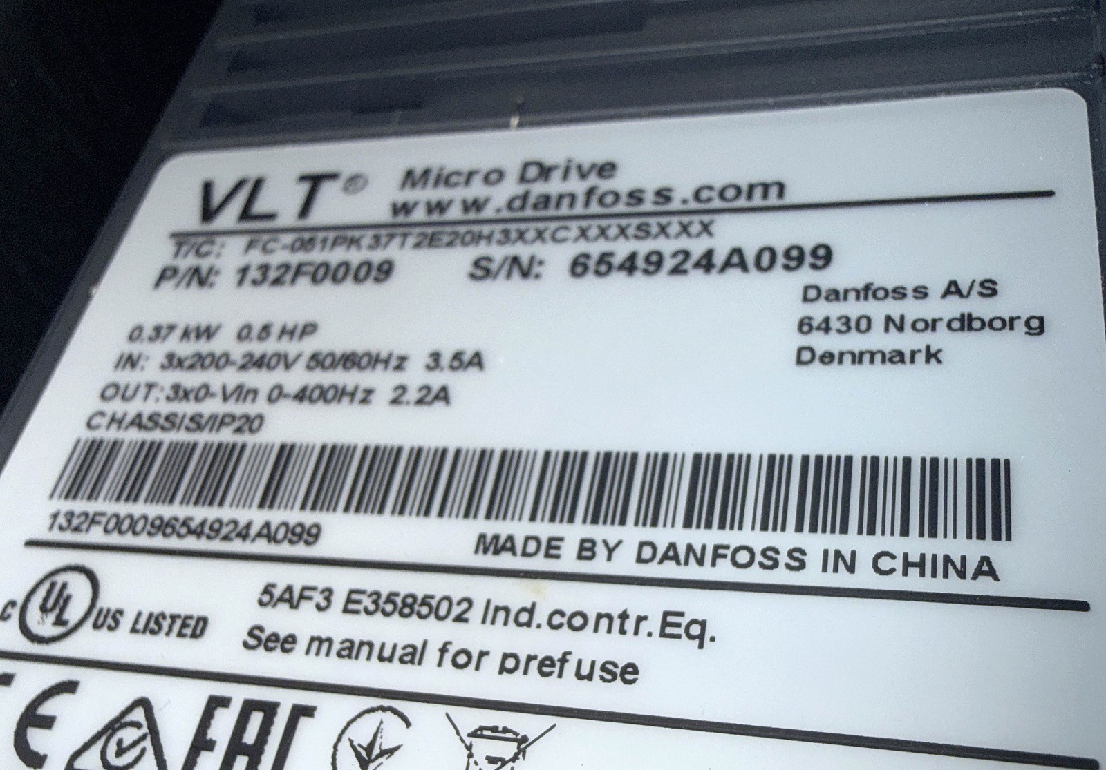 Danfoss VLT FC51 132F0009 VFD Micro Drive Altech PSC6024 Stainless Enclosure NEW
